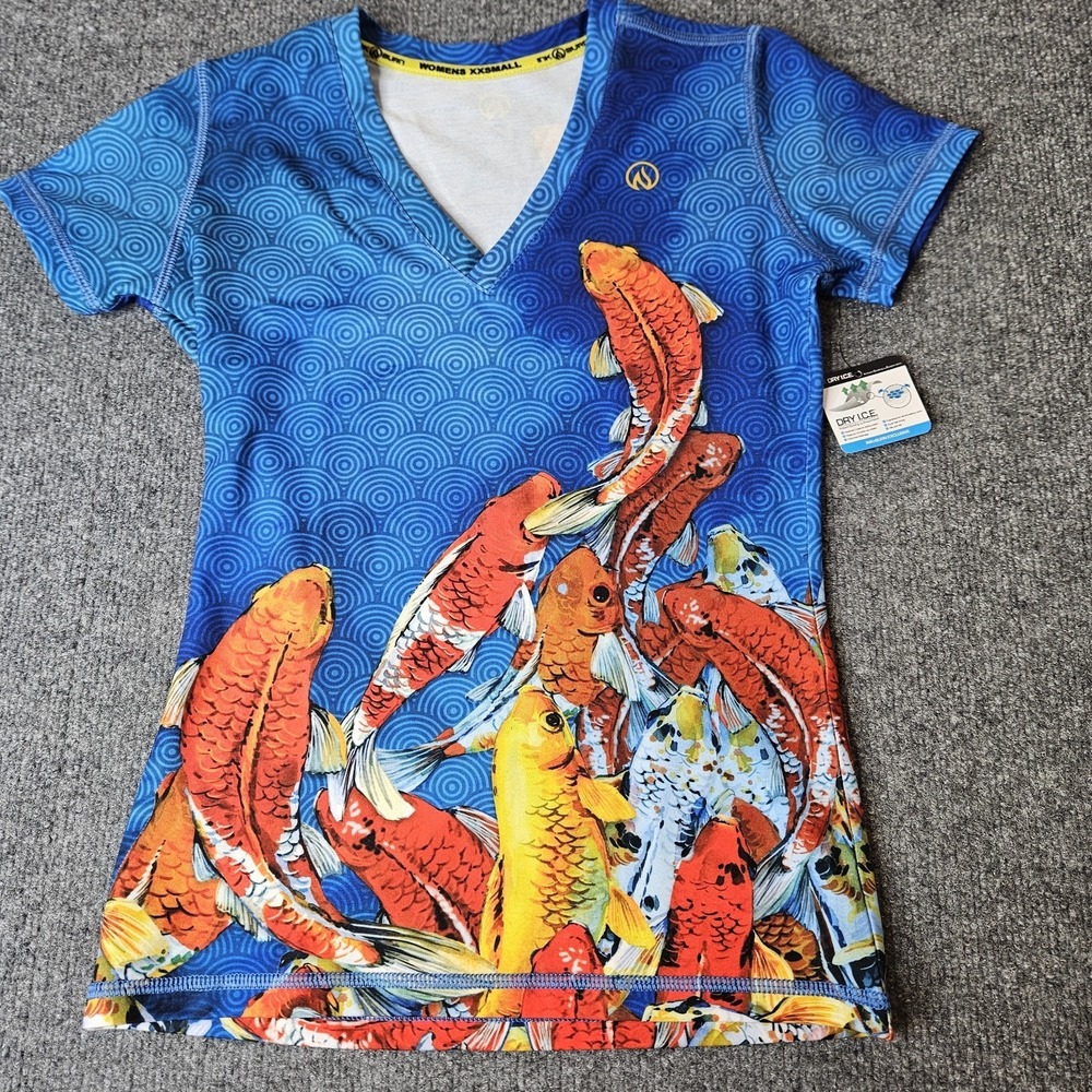 Inknburn Womens Tech Tee Size XXS Koi Fish V-neck Shortsleeve Quick Dry Wicking